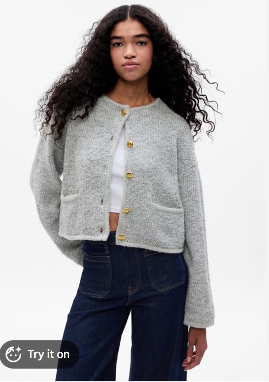Gap Sweater Women Small Boucle Cardigan Grey Knit Crop Office Collage Preppy